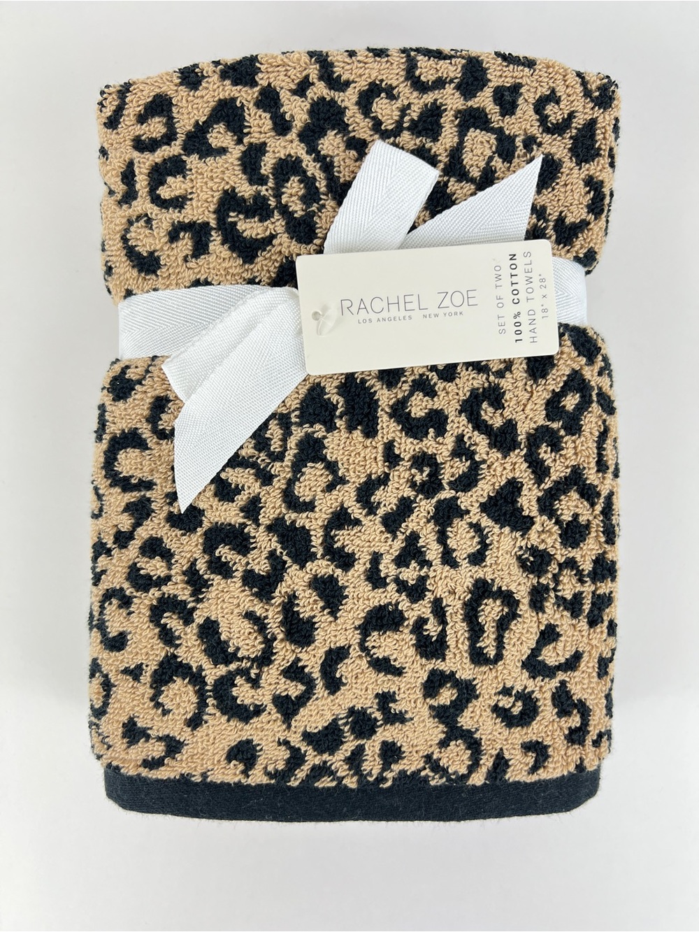 Rachel Zoe Leopard Print Hand Towel - Black and Tan 100% Cotton 2 Pc NEW